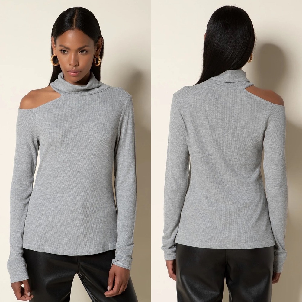 TART COLLECTIONS‎ Cassy Top Grey Women S Ribbed Cold Shoulder Turtleneck NEW